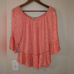 Democracy Peasant Top Womens Size Small Coral White Floral 3/4 Sleeve Boho